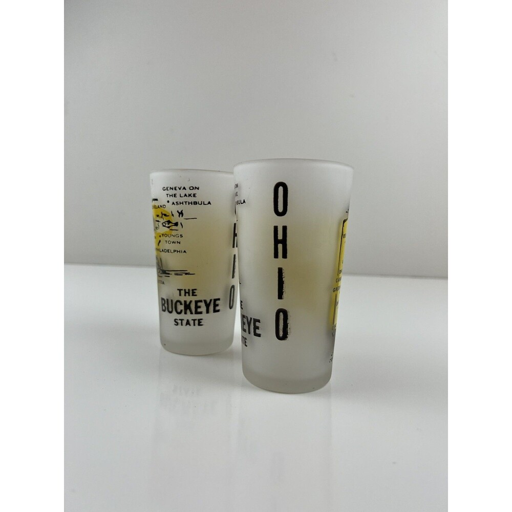 Vintage Set Of 2 Ohio Frosted Souvenir Glass Tumbler 4.75" Hazel Atlas Kitschy - Picture 1 of 12
